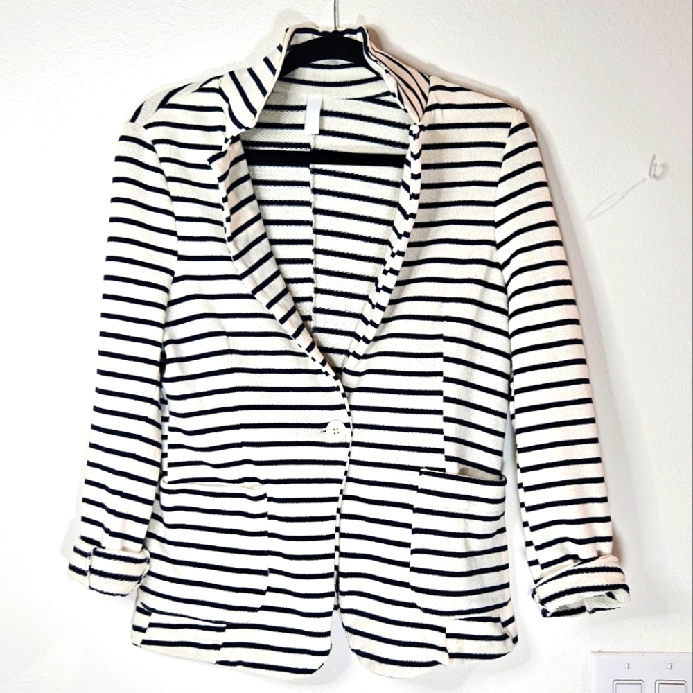 Womens Italian Striped Knit Blazer Jacket Medium Coastal Nautical Travel BK & WH